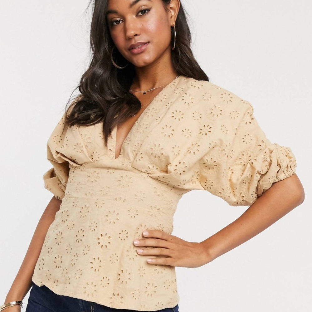 ASOS V Neck Broderie Top With Ruched Volume Sleeve
